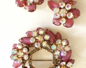 SALE! Vintage verified Delizza and Elster Juliana pink glass and AB rhinestone brooch and earring set