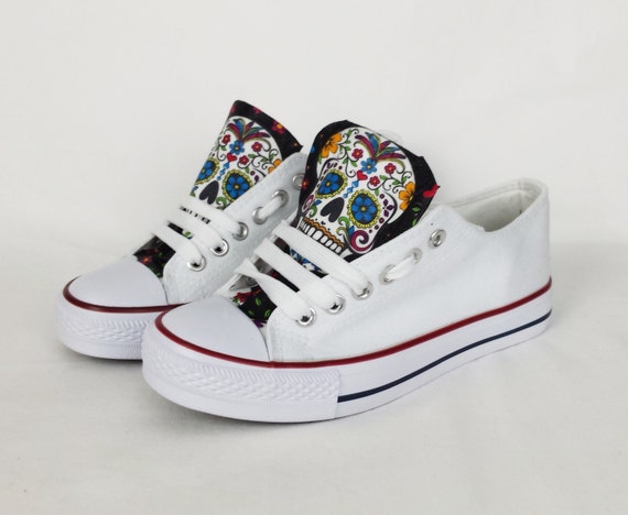 White sugar skull shoes custom converse style white black