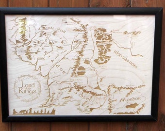 Wooden Middle Earth Map - Engraved into Wood, Lord of the Rings map