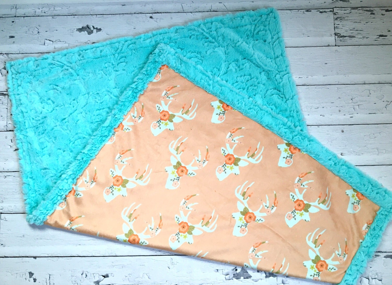 Minky Deer Baby Blanket Mint Floral Deeer Teal