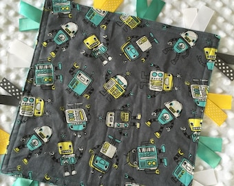 Personalized Tag Minky Sensory Ribbon Blanket Lovey- Fun, Happy Robots and Teal Minky Dot
