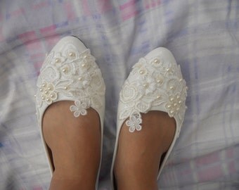 Custom Women Wedding Shoes White/ Ivory Lace Pearls Bridesmaids Shoes Lace Party Shoes Free Shipping To USA