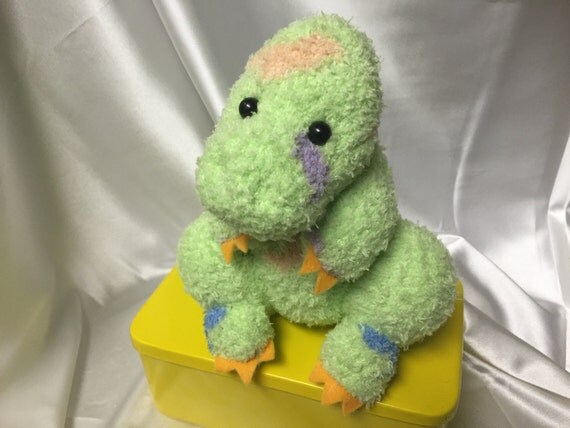 Green colorful T-rex dinosaur handmade fuzzy by CrossfieldsCrafts