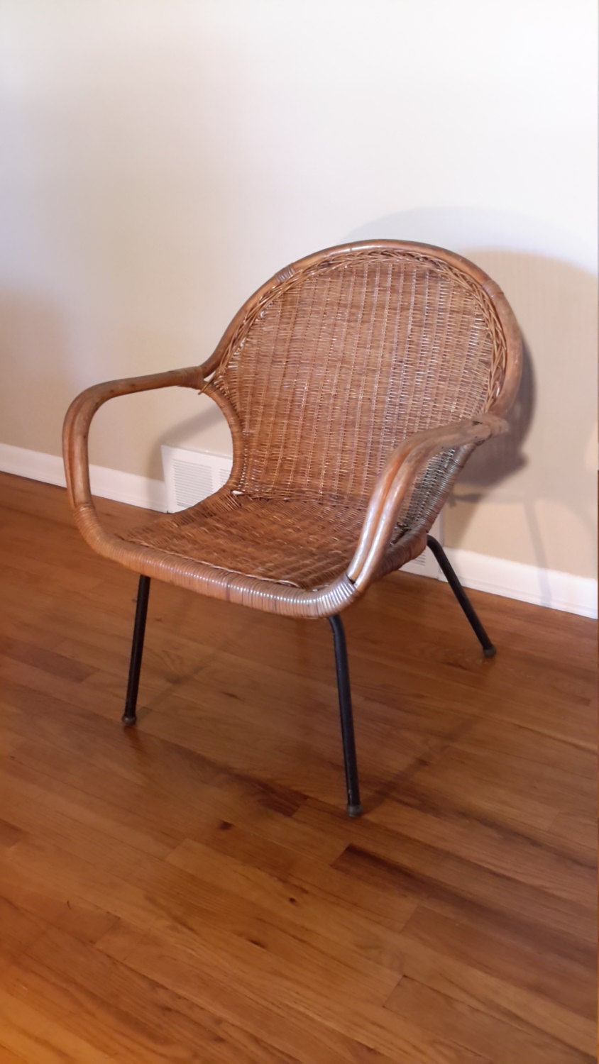Mid Century Modern Rattan Basket Bucket Chair