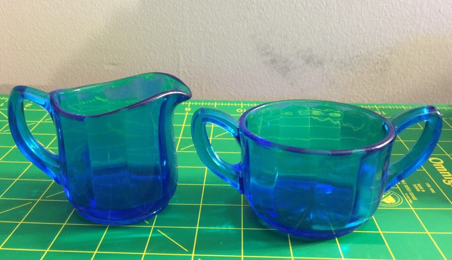 Vintage Blue Glass Creamer & Sugar Set, Elegant Retro Paneled Pattern