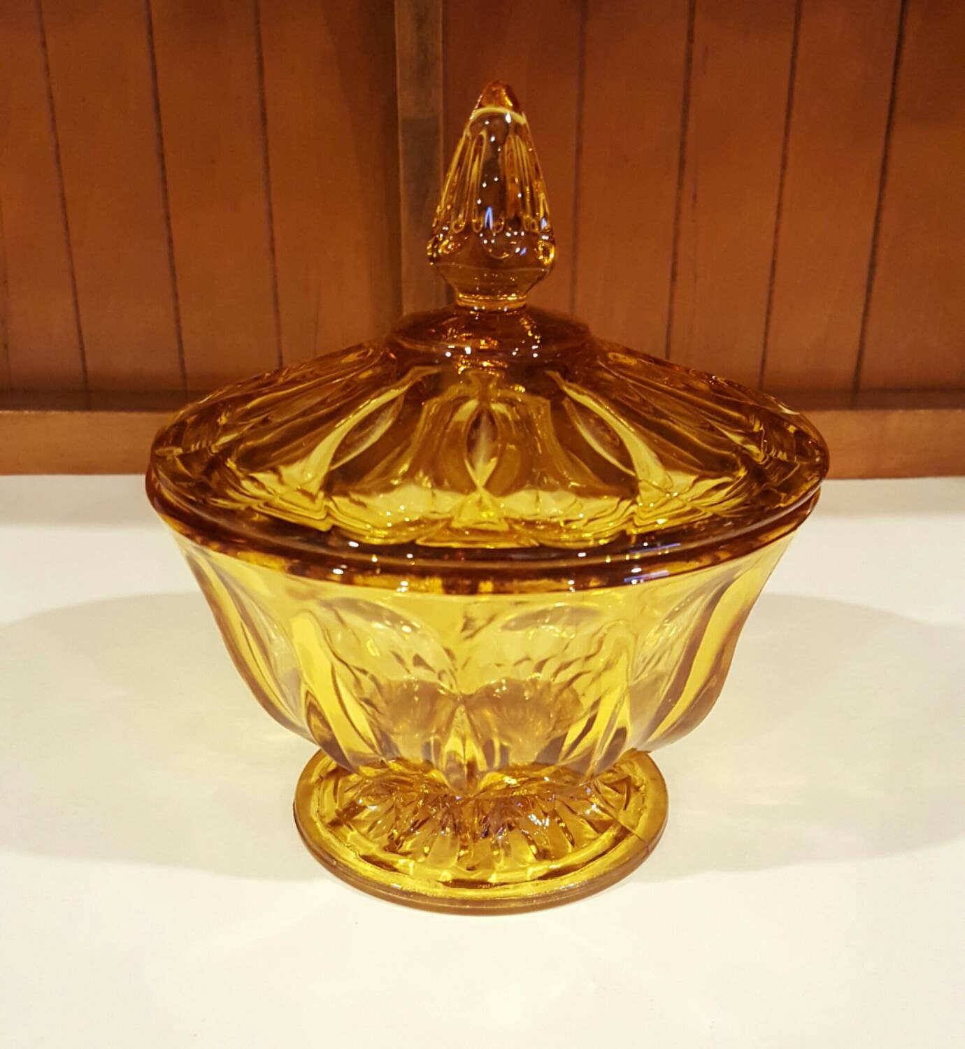 Vintage Amber Glass Covered Candy Dish