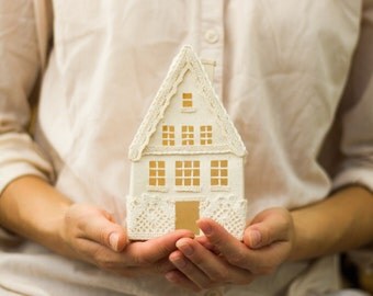 Decorative house, White house Christmas ornament, Housewarming gift, Rustic home decor