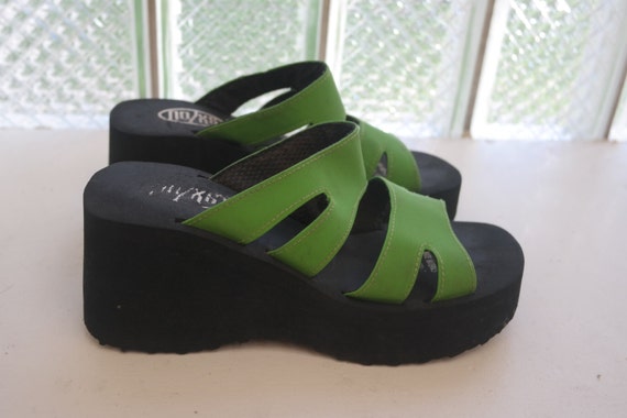 Vtg 90s Lime Green Platform Wedge Slip On Sandals Flip Flops