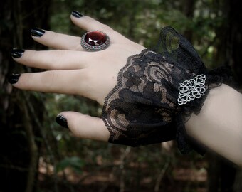 Black Lace Wrist Cuffs // Gothic Lolita Cuffs Victorian Bracelet // Silver Filigree Dainty Floral Lace Elastic Band