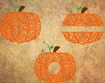 Swirl Pumpkin Monogram Frames Svg Png Dxf Eps Cut file Images Clipart Split Pumpkin Halloween Cut File for Silhouette Cricut