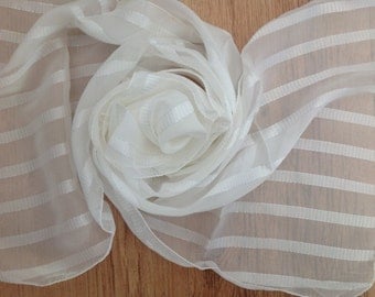 100% Pure Silk White and Silver Long Mousseline Scarves - Hand Hemmed - Perfect Unused Stock from 1980s