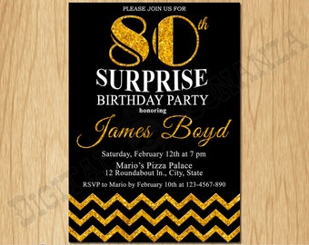 80th Birthday Invitation Gold Glitter Birthday Party Chevron Invite Adult Black Elegant Surprise Party Birthday Printable Digital AB10-80