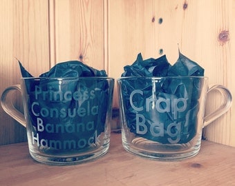 A Pair Of Glass Mugs Etched Funny Friends TV Show Quote Crap Bag and Princess Consuela Banana Hammock Wedding Anniversary Valentines Day