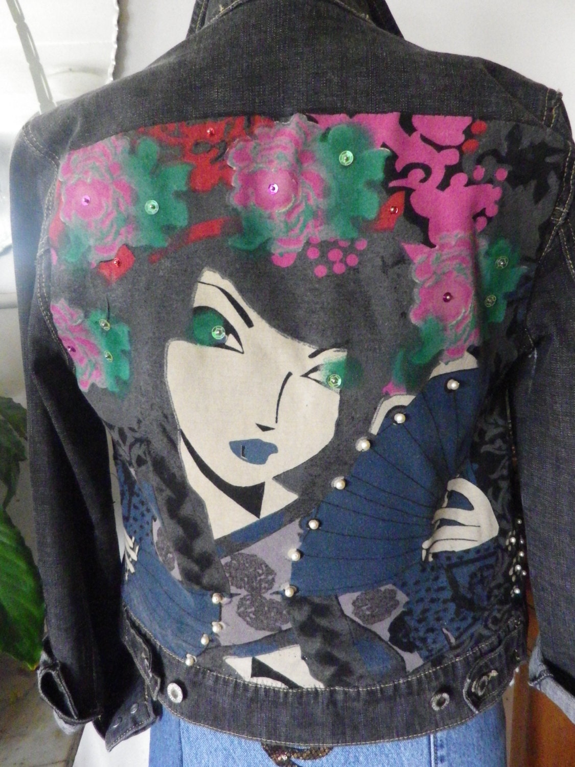 Preloved denim jacket with Japanese anime influenced artwork