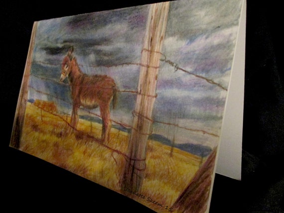 Desert Donkey and barbwire fence colored pencil card print