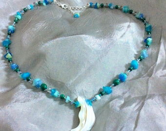 18.5- 20" Semi-Precious Necklace w/ Aqua Amazonite chips, Malachite, Labradorite, MOP shell, Japanese seed beads, silver plated chain/clasp