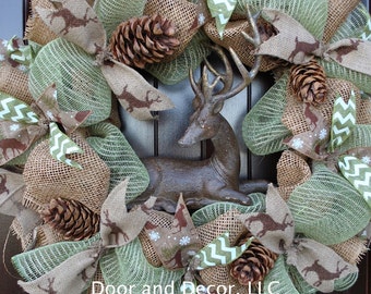 Deer Wreath~Winter Mesh Wreath~Front Door Wreaths~Everyday~Snow Wreath