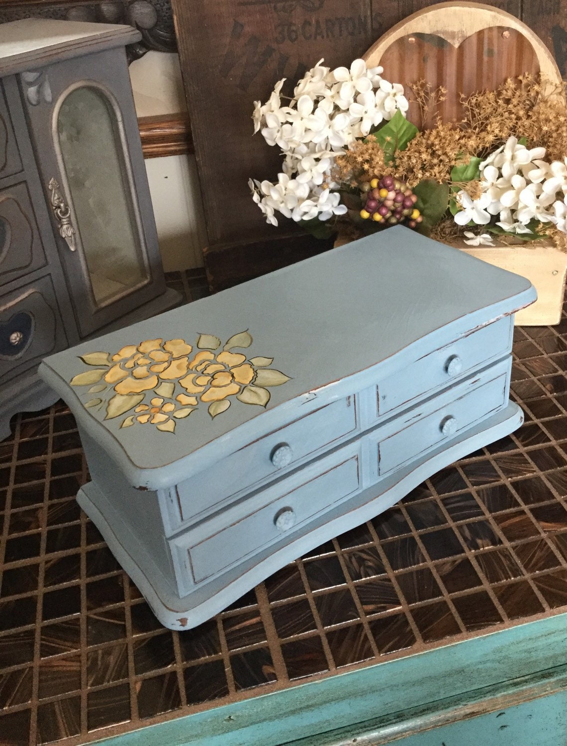 Shabby Chic Wooden Jewelry Box // Vintage Painted Upcycle