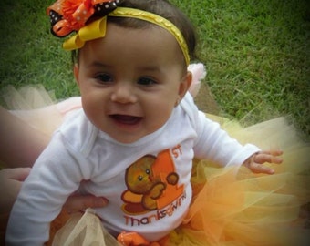 Baby's First Thanksgiving outfit,Girl 1st Thanksgiving outfit,Thanksgiving bodysuit,Fall tutu,Turkey bodysuit,Thanksgiving headband,Orange
