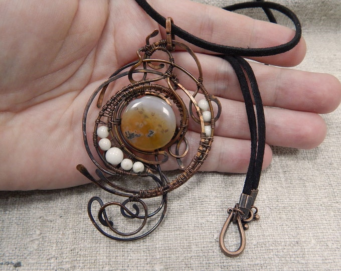 Elegant agate Pendant,Copper Wire winding, Fantasy style, unique,Birthstone,free-form jewelry,Gift for her, Natural white and color gemstone
