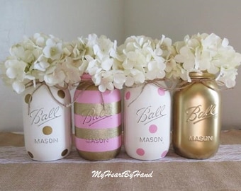 Pink and Gold Baby Shower Decorations, Baby Shower Mason Jars, Pink and Gold Bridal Shower, Distressed Mason Jars, Polka Dots Party Decor