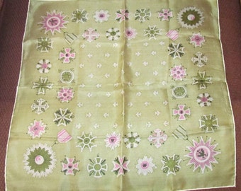 Vintage Silk Scarf, Olive Green Pink White, Celtic Designs, Fleur de Lis, Tissue Paper Silk, Hand Rolled Fashion Accessory