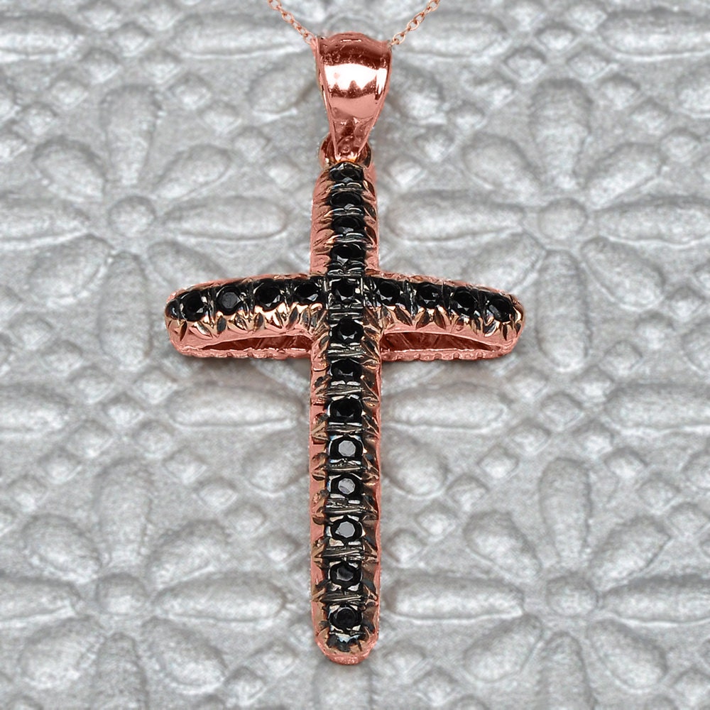 14k Rose Gold Cross embellished with Black by JewelPerfection