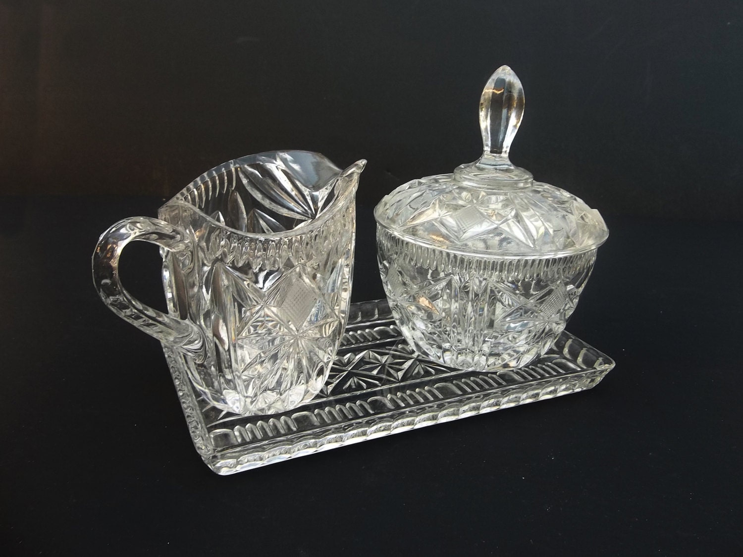 Gorham Crystal Covered Sugar Bowl Cream Pitcher and Tray Plate