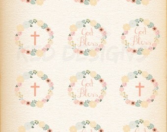 Printable-Christening-Baptism-Dedication-Cupcake Toppers-Personalize-God Bless-Digital-Vintage-Floral Wreath-Laurel Wreath