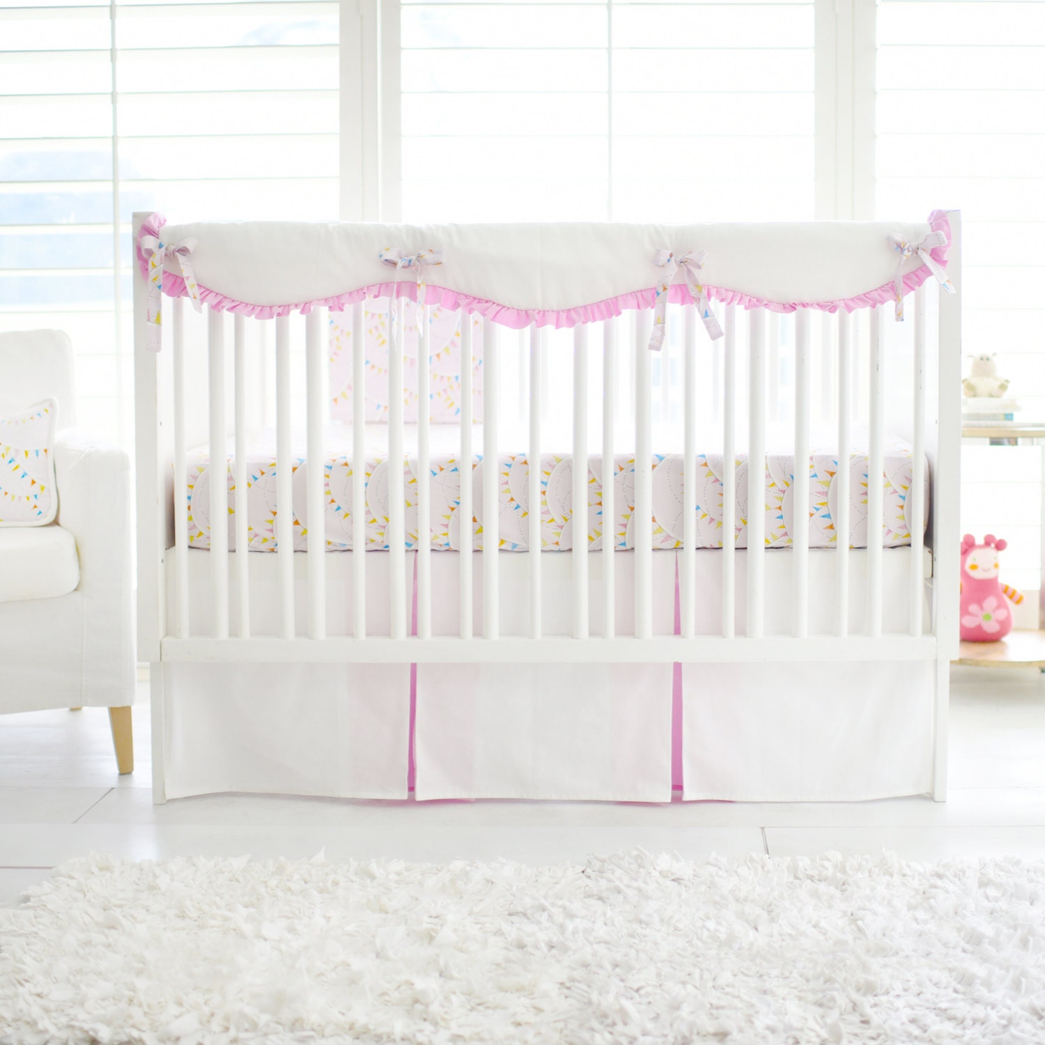 White and Pink 17 Tailored Crib Skirt with by ThreeWishesBeddingCo