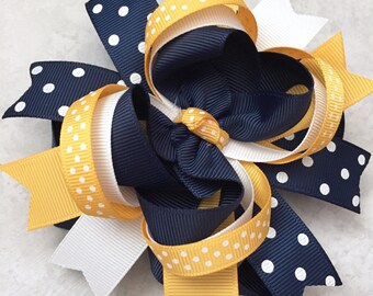 School uniform bow-school uniform hair bow-navy yellow gold white school uniform hair bow-layered school bow-white navy gold uniform bow
