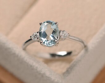 Aquamarine ring silver, oval cut aquamarine, March birthstone gemstone ring