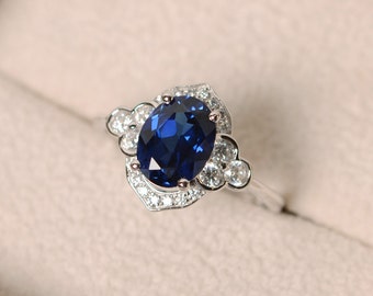 Sapphire ring, sterling sivler, oval cut, anniversary ring, oval cut gemstone