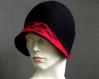 Black Cloche hat Felt Hat 1920's hat Black hat Fedoras Flapper Victorian 1920s Felt hat women hat Wool embroidered OOAK