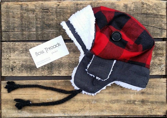 baby bomber red black plaid flannel baby hat trapper hat