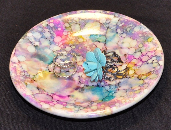 Ring Dish / Jewelry Dish - Pink Cosmic - Alcohol Ink - Abstract
