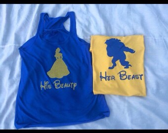 Beauty and the beast shirts, His and her disney shirts, disney shirts, glitter tank, custom disney shirts, belle and the beast shirts