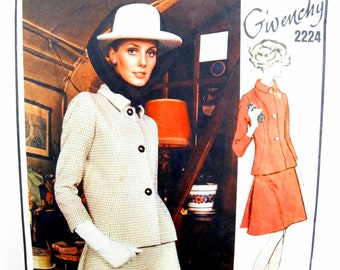 1969 Vogue Paris Original Givenchy 2224 Misses' Semi-Fitted Jacket with Darted, Rolled Collar and A-Line Skirt Sewing Pattern Size 14