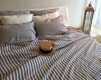 Linen duvet cover, striped linen bedding, blue and white striped duvet cover queen, king, twin custom natural 100% pure linen by Linenbee