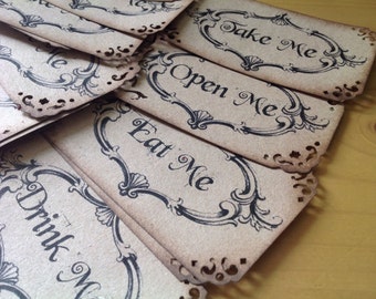 Alice in Wonderland themed 20 wedding gift favours tags white or rustic