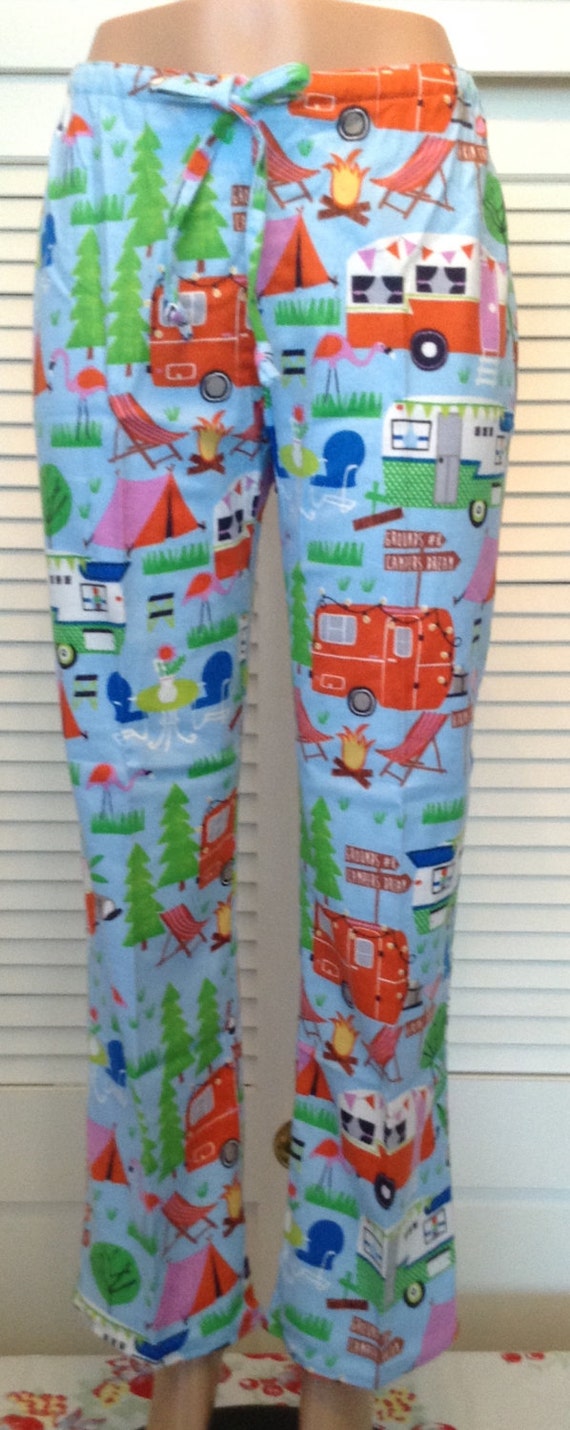 Camping scene on blue background flannel pajama pants