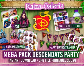 MEGA PACK - Disney Descendants Party - Happy Birthday Banner, Invitations Personalized, Food Labels, Hats, T-Shirt, Cupcake, Watter Bottle