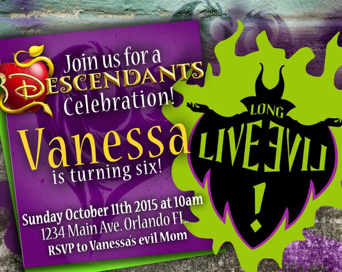 Birthday Invitation Disney Descendants - Mal - Front and Back Desing - We deliver your order in record time!, less than 4 hour! BEST VALUE