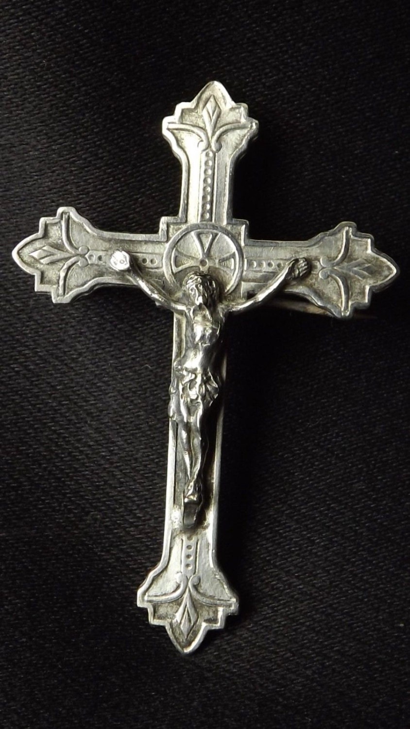 French Antique Religious Cross Christ Crucifix Brooch Silver