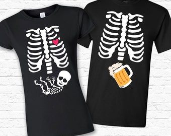 Couples Costume Skeleton BABY and BEER Xray Halloween T-shirt Tshirt Tee Shirt Cute Matching Set Pregnant Mom Pregnancy Ribcage TF-171-164