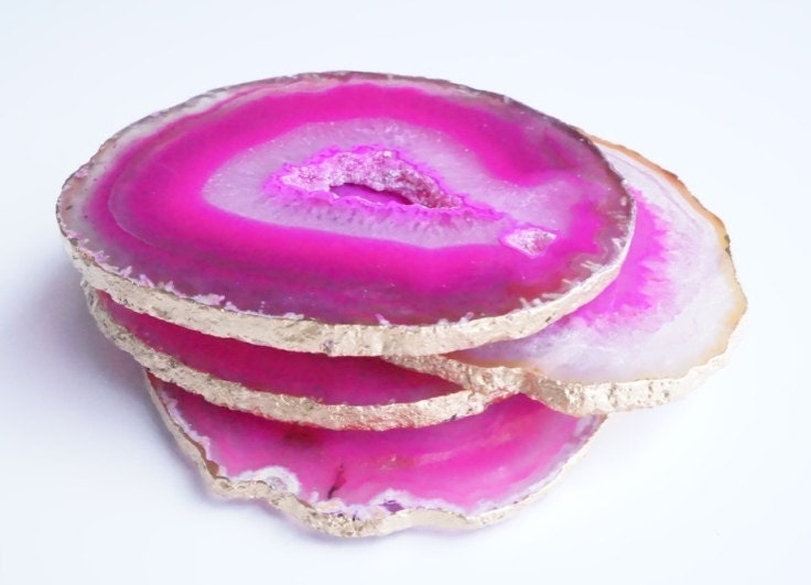 Pink Agate Coasters - [SET OF 4], Druzy Crystal, Gold Rimmed, Brazilian Agate, Bridesmaid Gift, Teacher Gift, Hostess gift