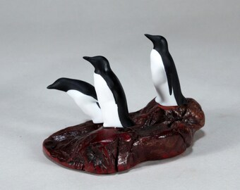 Trio of Penguins Sculpture New Direct by John Perry on Burl Wood