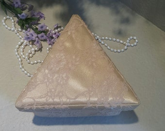 Lace and Satin. Vintage Antique Lace triangle decorative trinket box for bride or bridesmaid, gold interior, beautiful on dressing table.