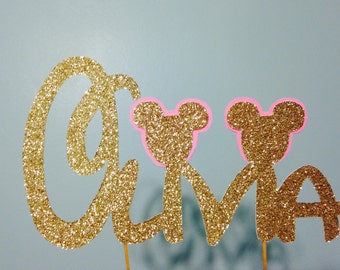 Minnie Mouse Cake Topper, Gold Glitter Cake Topper, Birthday Cake Topper, Baby Shower Cake Topper, Mickey Mouse Cake Topper