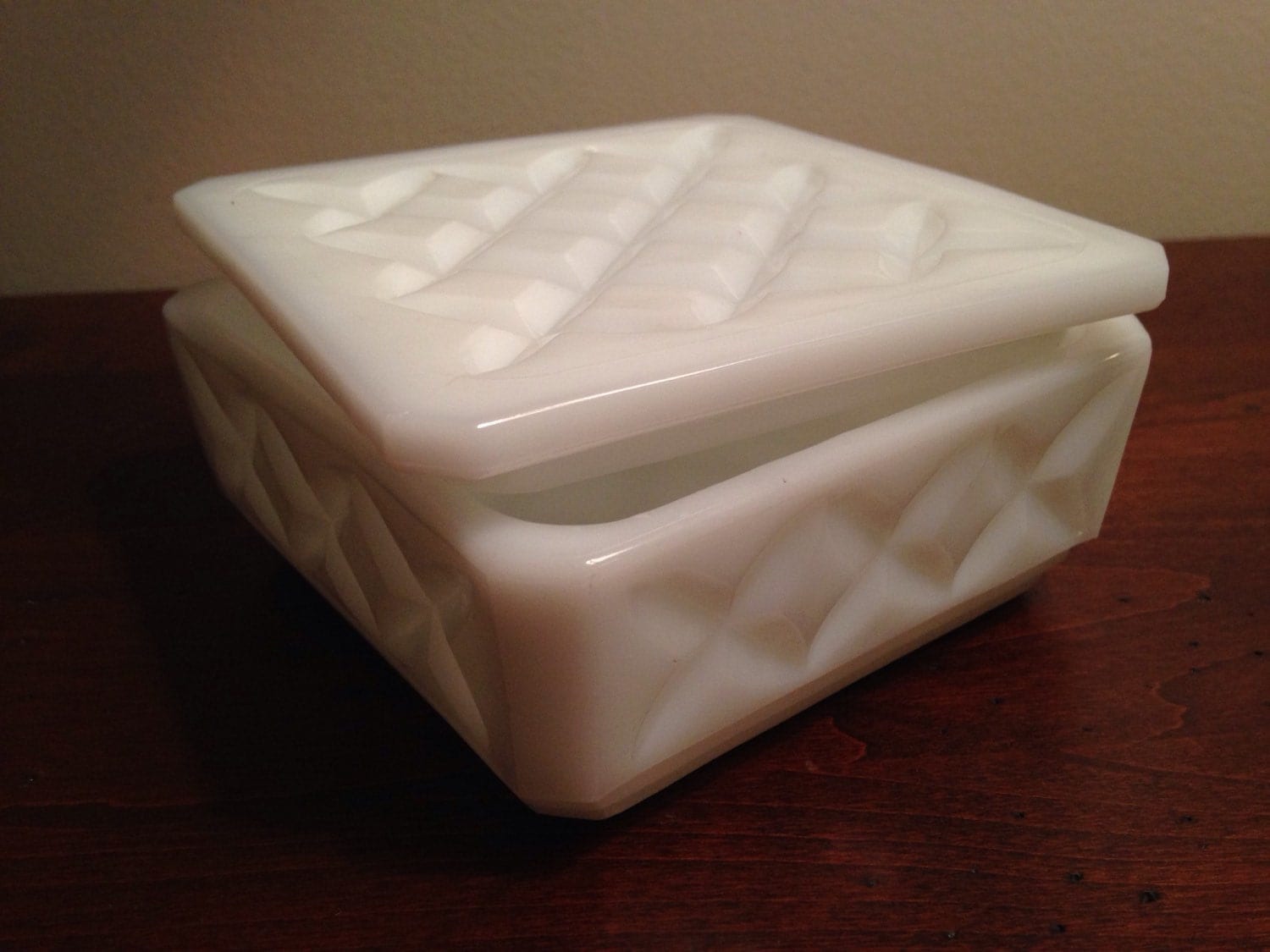 Milk Glass Trinket Box  Square White Jewelry Box with Lid  Diamond 